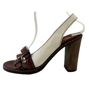 Chloe Cadbury Ivory Canvas Brown Leather Slingback Sandal Heels Size 7.5